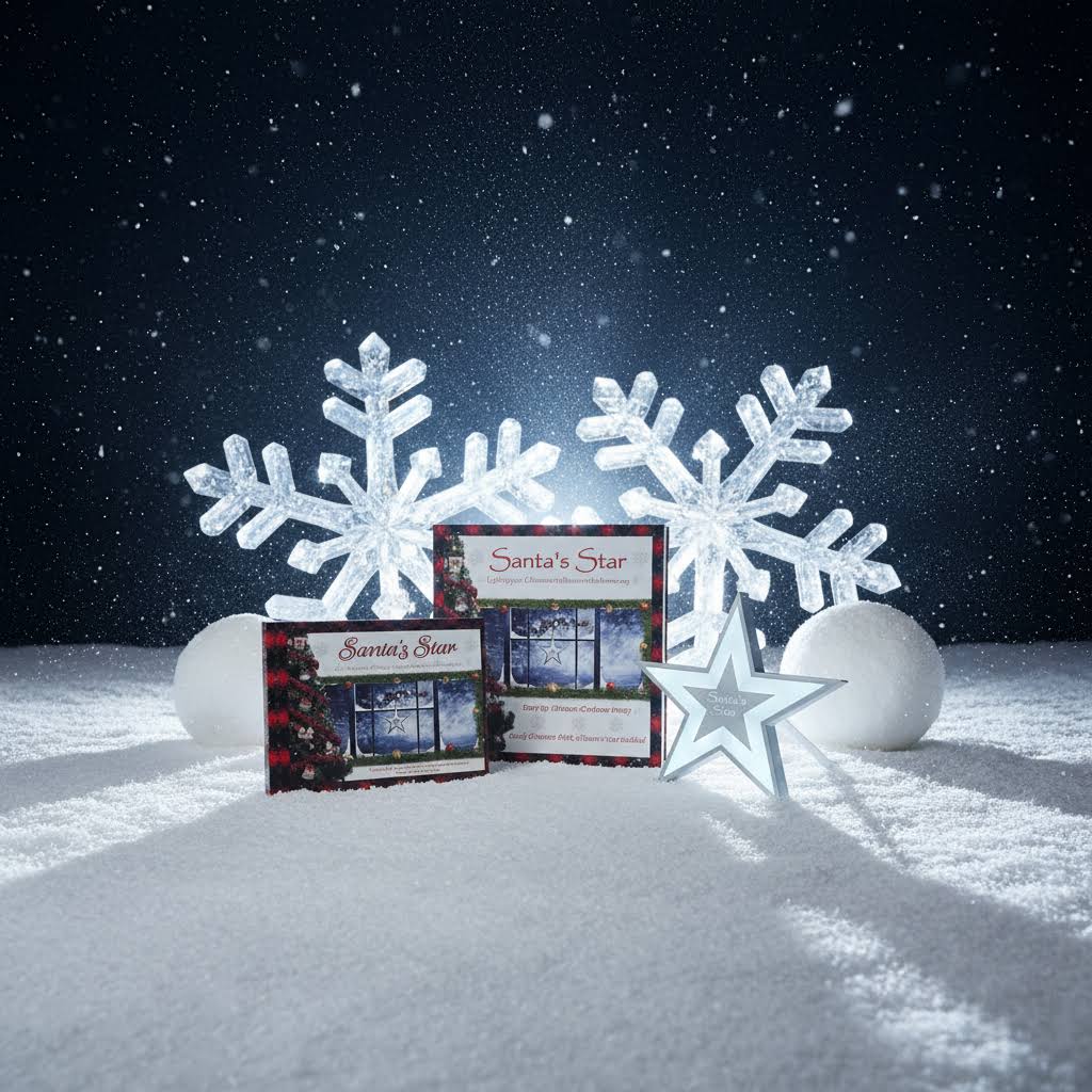 Decorative Christmas scene with snowflakes and a star on a snowy ground at night.