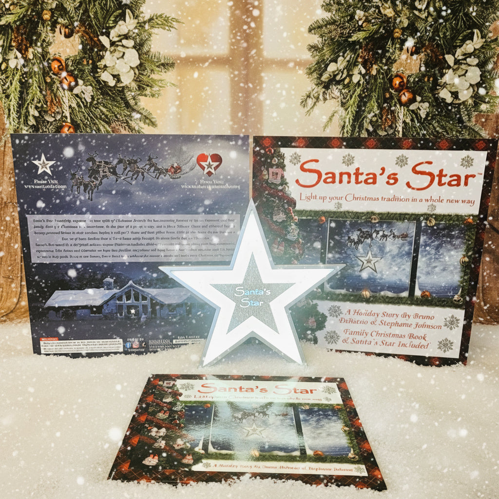Santa's Star product packaging on a wooden surface with Christmas decorations.