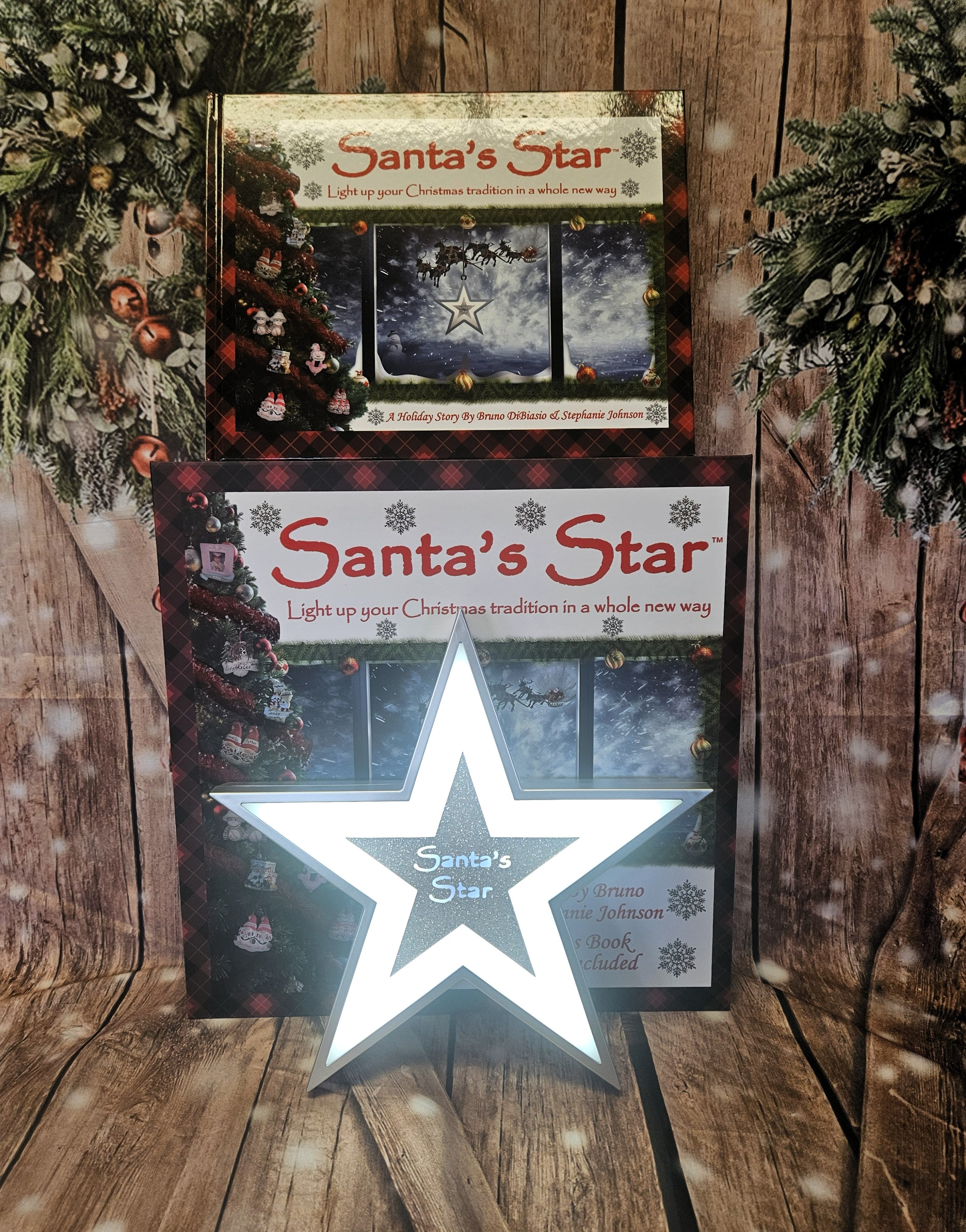 Santa's Star product packaging on a wooden surface with Christmas decorations.