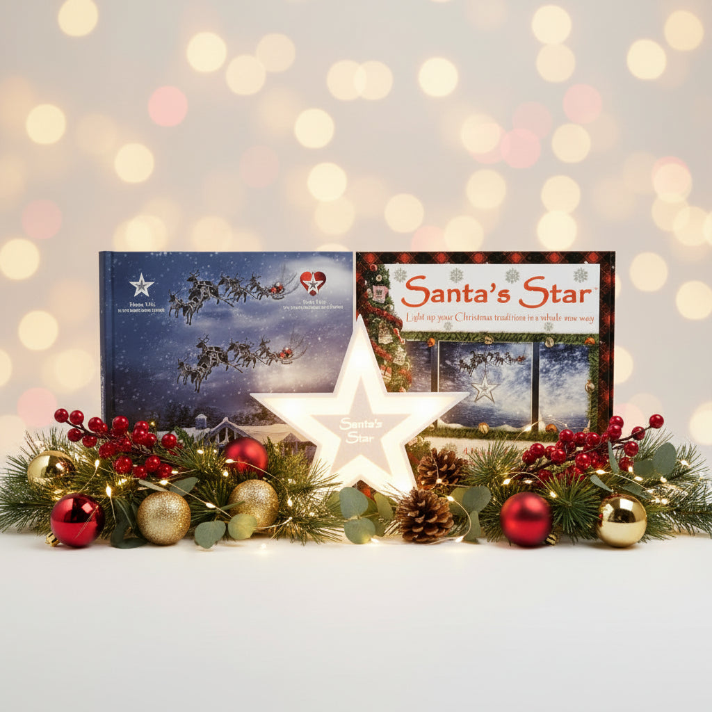 Santa's Star product packaging on a wooden surface with Christmas decorations.