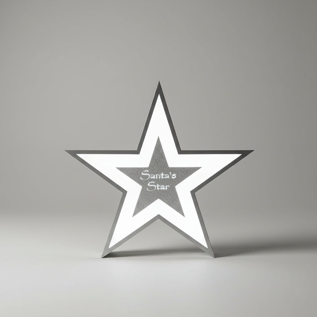 Decorative star with 'Santa's Star' text on a wooden background