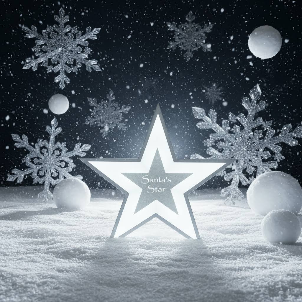 Decorative star with 'Santa's Star' text surrounded by snowflakes and moons on a snowy background