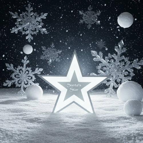 Decorative star with 'Santa's Star' text surrounded by snowflakes and moons on a snowy background